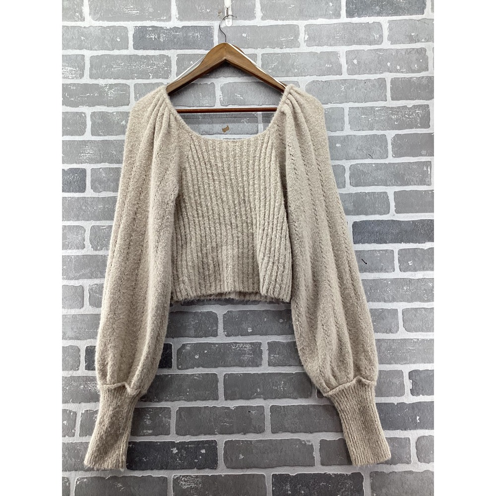 Free People Square Neck Balloon Sleeve Cropped Ribbed Knit Sweater Beige Medium - Picture 5 of 5